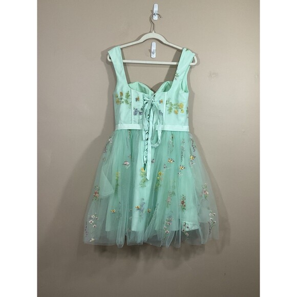 Womens Embroidered Floral Tulle Mini Dress 6 Green Cottage Forest Fairy Party - Picture 4 of 7